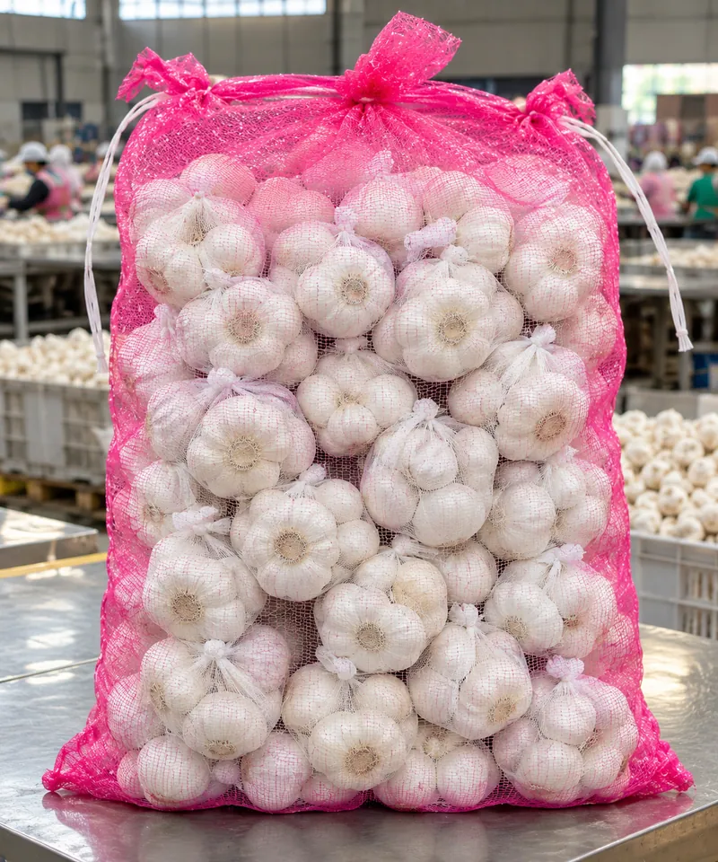 Large pink mesh bag packed with small net bags of white garlic (AI-generated image)
