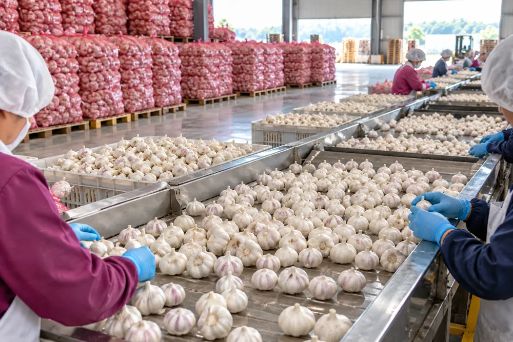 Workers sorting garlic bulbs on a stainless steel line (AI-generated image)